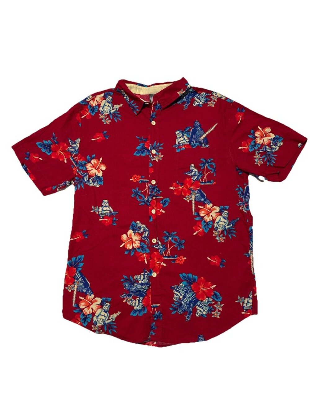 Star Wars Shirt Mens Medium Red Button Up Hawaiian Darth Vader Storm Troopers